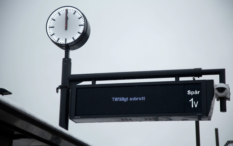 En klocka och skylt på tågstation med texten ”Tillfälligt avbrott”.