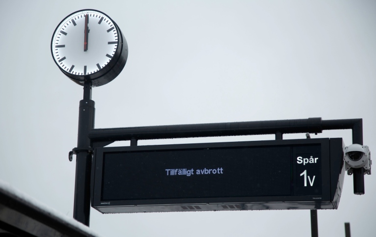 A clock and a sign at a train station, with the text “Tillfälligt avbrott”, i e “Out of order".