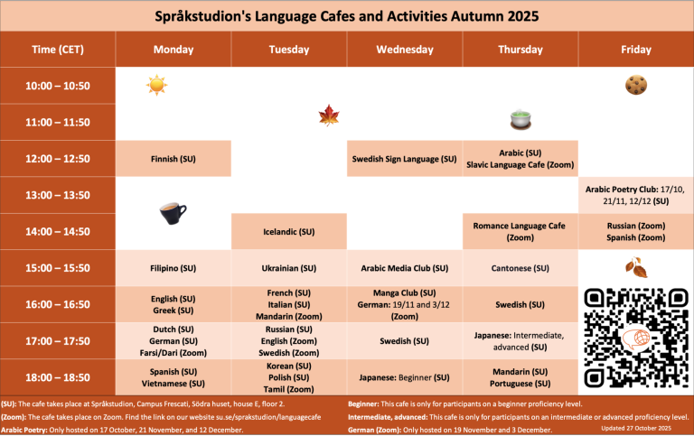 Language Cafe schedule autumn 2025