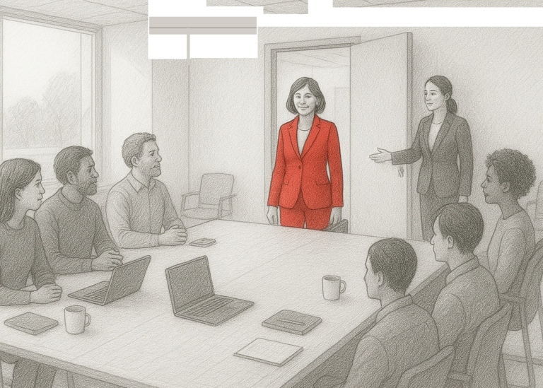 Kvinna klädd i rött står framför grupp i sammanträdesrum