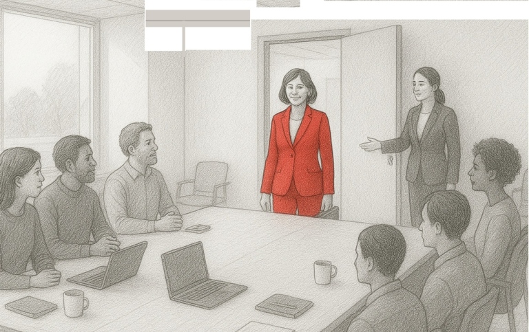 Kvinna klädd i rött står framför grupp i sammanträdesrum