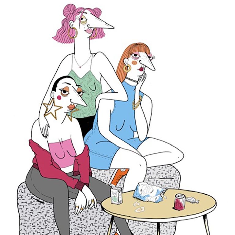 Illustration: tre tjejer med attityd sittandes på sittpuff och bord med chips och läsk.