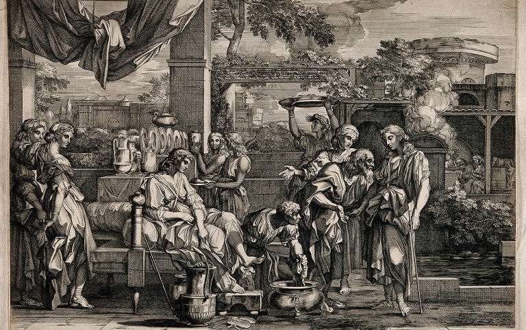 One of the seven Acts of Mercy: Extend Hospitality to those who arrive. Line engraving by S. Bourdon