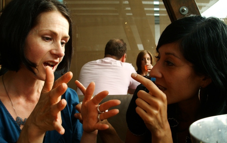 Two women facing each other and discussing with gestures.